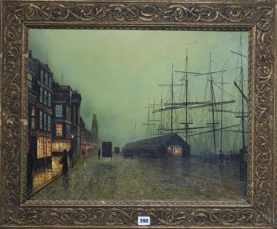 Manner of Atkinson Grimshaw, oil on canvas board, Liverpool Dock scene, 45 x 57cm